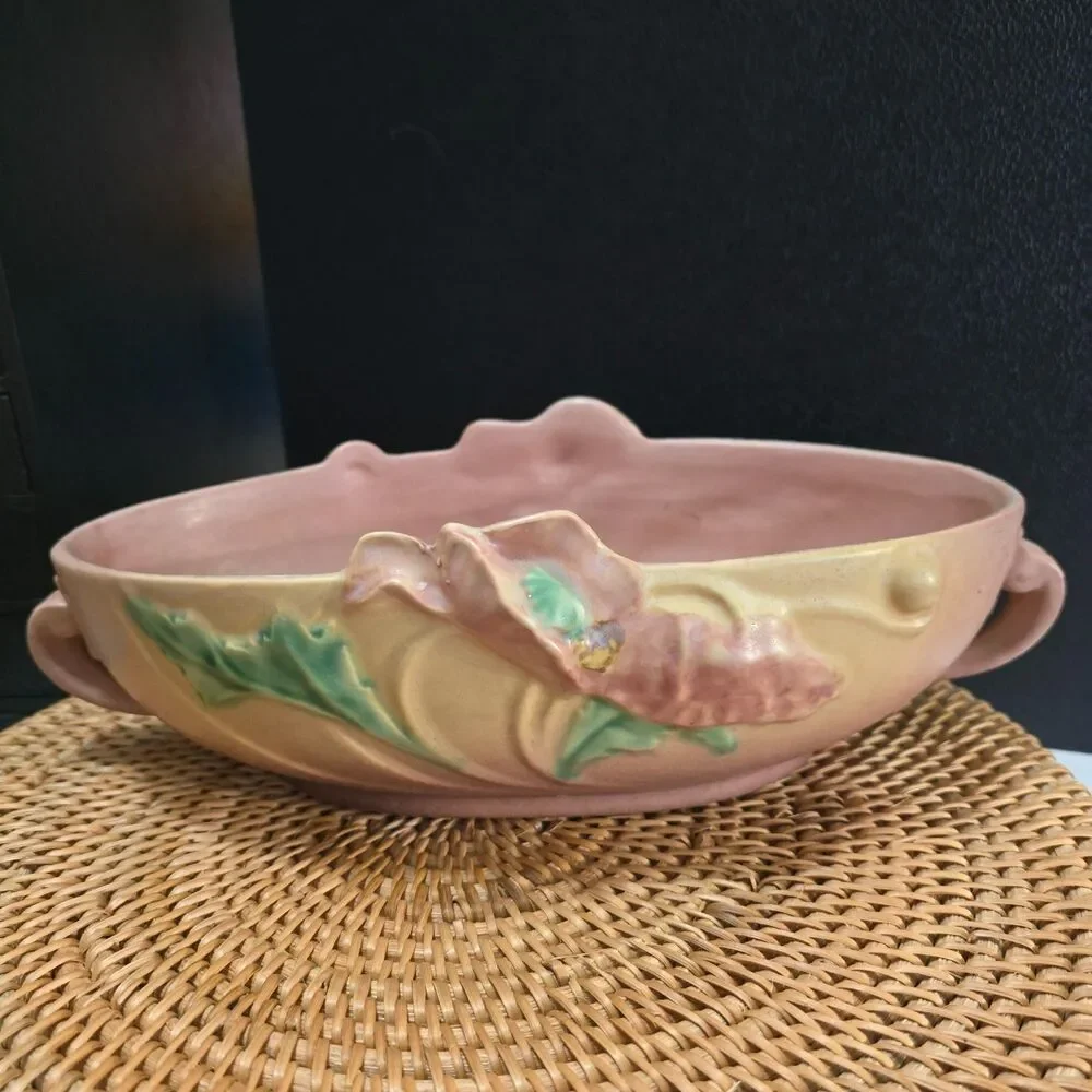 Vintage Roseville Poppy Center Console Bowl Blush Pink & Yellow 1930s